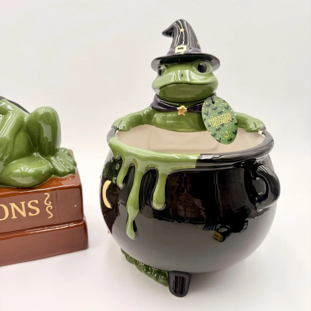 Haunted Halloween Ceramic Witch Frog Cookie Jar and Cauldron Candy Dish Set NEW